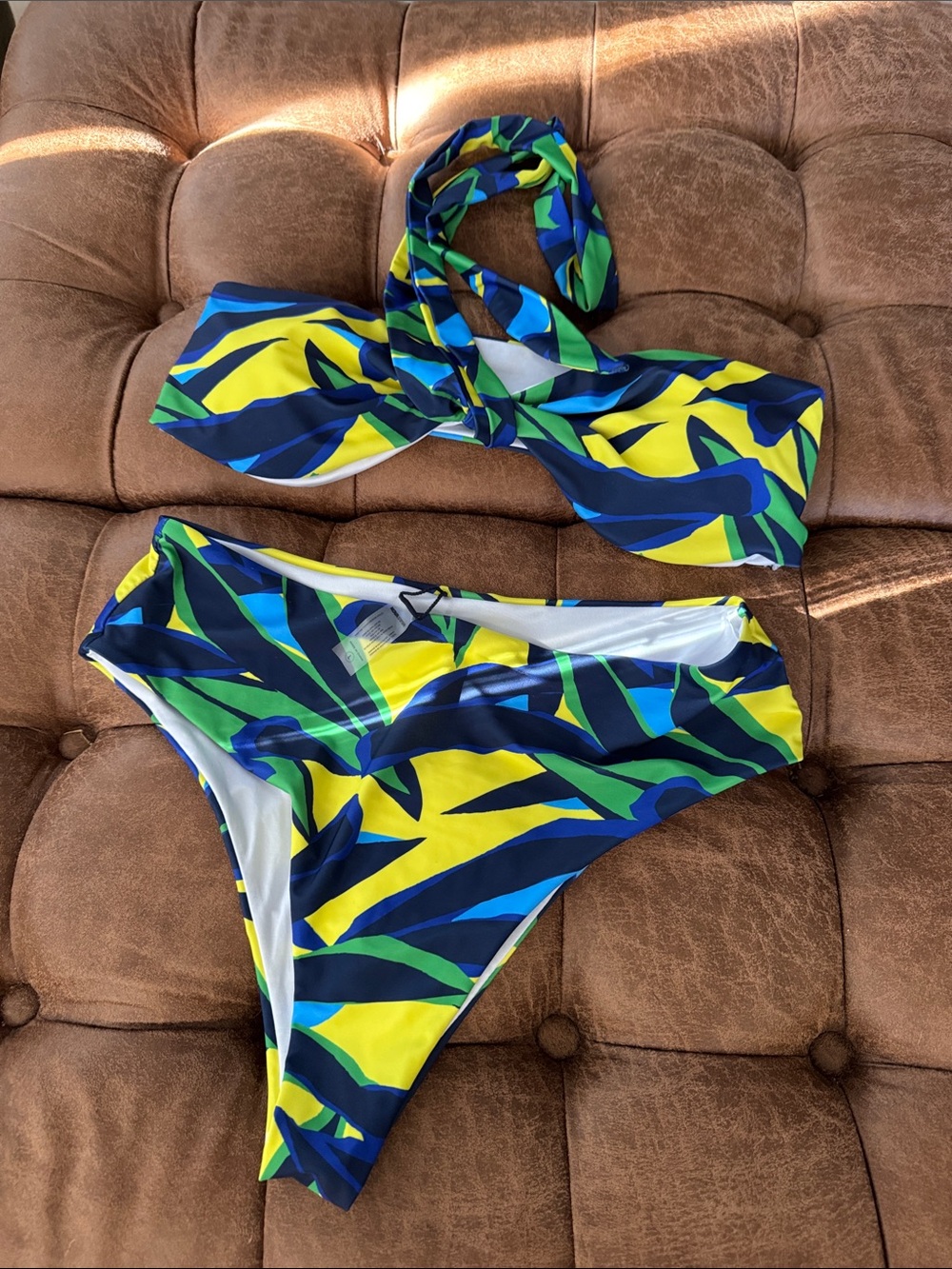 Fashion Nova Blue Yellow Green Bandeau High-Waist Bikini Set
